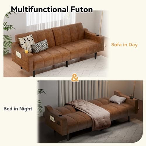 Brelice 80'' Leather Couch, Futon Sofa Bed, Faux Leather Couch with Adjustable Backrest, 2 Cup Holders & Side Pockets, Mid Century Modern Sofa for Living Room, Bedroom, Brown