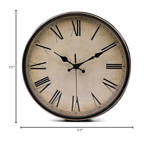 Yesland 11'' Wall Clock - Silent Non Ticking - Quality Quartz Retro Design with Roman Numerals, Easy to Read for Home Office School Clock (Brown)