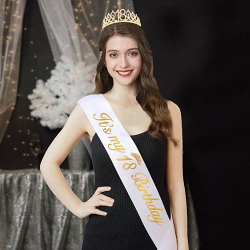 18th Birthday Decorations for Girls with 18th Birthday Sash White and Tiara Gold, Number Candles Gold, 18 Year Old Girl Gifts
