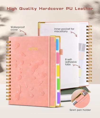 Hardcover Spiral Notebook journal with Removable Dividers Tabs, 300 Pages Leather 5 Subject Notebook College Ruled, 8"x10" Large B5 Notebooks for Work School Note taking, Lined Journal for Women,Pink B0D44Y2NSF