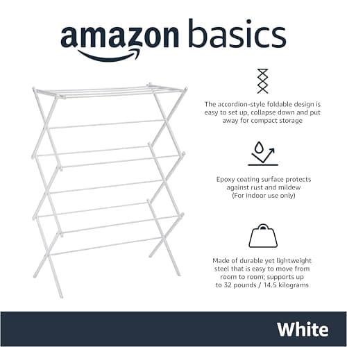 Amazon Basics Foldable Portable Laundry Rack for Air Drying Clothing, Indoor Outdoor Use - 14.5" D x 29.5" W x 41.8" H, White