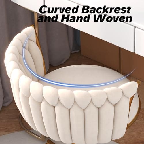 HENGJIANYI Velvet Woven Home Office Chair, Modern Swivel Desk Chair with Wheels, Height Adjustable Vanity Chair with Gold Metal Base and Hand Weaving Back, Beige