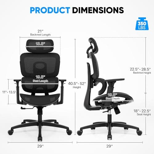 MoNiBloom Ergonomic Office Chair, High Back Mesh Desk Chair with Adjustable Headrest & 3D Armrests, Lumbar Support, 90–145° Recline, Swivel Rolling Computer Chair for Office Conference Room (1)