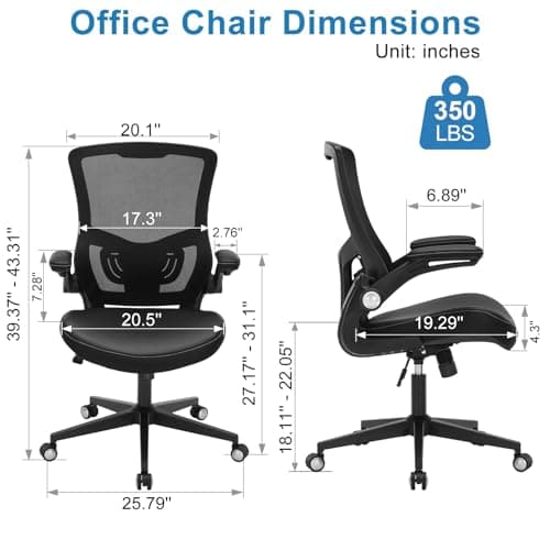 Office Chair Ergonomic Desk Chair 350lbs Comfy Mesh Computer Chair with Adjustable Lumbar Support Flip-up Armrests, Executive Rolling Swivel Comfy Task Chair for Home Office