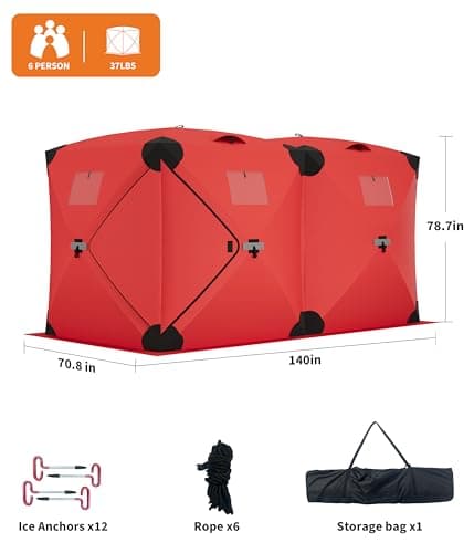 GarveeLife Ice Fishing Insulated Tent, Large Pop-Up Portable Hub-Style Ice Fishing Shelter, 6-7 Person Shelter 68 Square Feet of Fishable Area