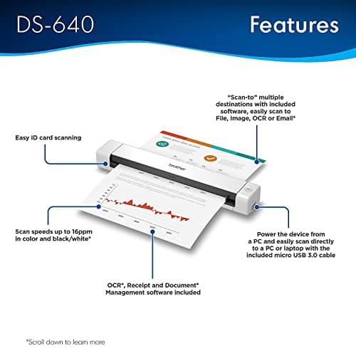 Brother DS-640 Compact Mobile Document Scanner, (Model: DS640) 1.5"x2"x11.9"