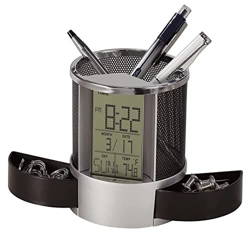Howard Miller Desk Mate Tabletop Clock with Storage Compartment, LCD Display, Pen Holder, Snooze Function, Temperature Display, LED Light Table Clock for Home Office, Desk & Bedroom Use