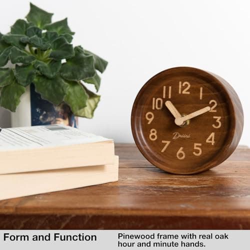 Driini Wooden Analog Desktop Clock – 4.3 in. Decorative Pinewood, No-Tick Design – Easy to Read Silent Sweep Mantle Clock – Quiet Tabletop Clocks with Wood Body, Hands, & Battery Cover; Dark