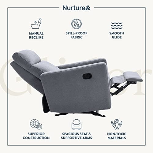 Nurture& The Manual Glider Premium Modern Recliner Nursery Glider Chair with Spill, Stain Proof Fabric | Designed with a Thoughtful Combination of Function and Comfort | Water Repellant (Gray)