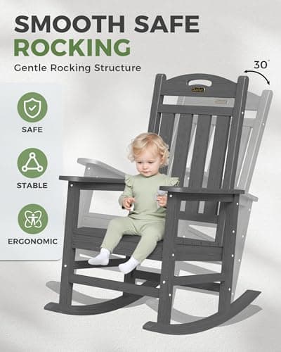 Oversized Outdoor Rocking Chair, HDPE All Weather Resistant Patio Rocking Chair, High Back Porch Rocking Chair, 380lbs Weight Capacity, Dark Grey