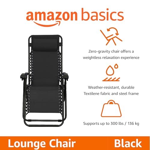 Amazon Basics Outdoor Patio Zero Gravity Portable Folding Reclining Lounge Chair with Padded Headrest Pillow, Weather Resistant Textilene, 26", Black