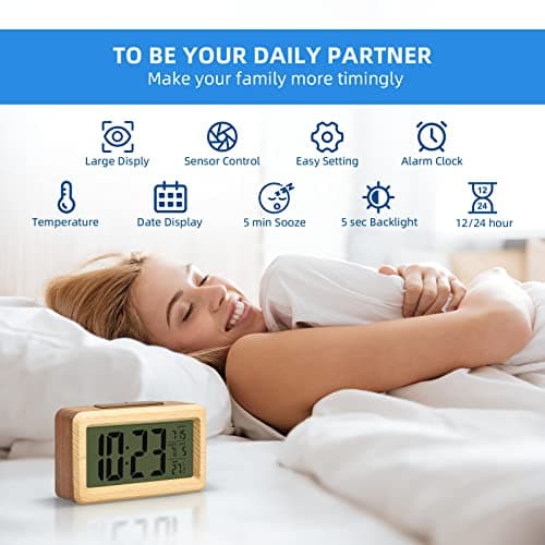 everwood Wooden Digital Battery Operated Alarm Clocks for Bedrooms, Beside, Table, Desk