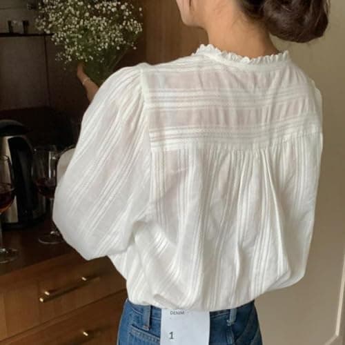 UICIOP Korean Version of Women's Shirt, Women's Sweet Round Neck Pleated Small lace top, Women's Long Sleeved Shirt top