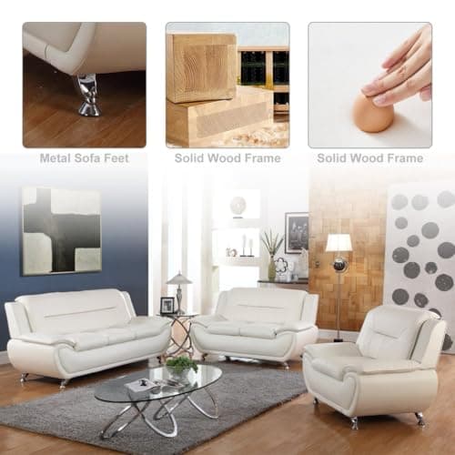 Leather Sofa Set for Living Room 3 Piece Living Room Furniture Set Modern Couch Set with 3-Seater Sofa, Loveseat and Armchair (Cream White)