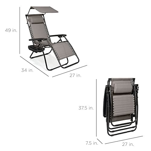 Best Choice Products Folding Zero Gravity Outdoor Recliner Patio Lounge Chair w/Adjustable Canopy Shade, Headrest, Side Accessory Tray, Textilene Mesh - Ice Gray