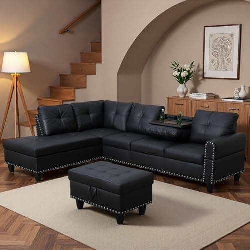 Topcomfy 97.5" L Shaped Couch Set, Modular Sectional Couches for Living Room with Storage Ottoman, 4 Seat Home Sofa Living Room Furniture Sets with Chaise for Apartment Office (Leather, Black)