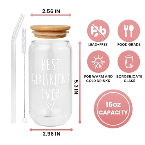 Gifts for Girlfriend - Girlfriend Gifts for Women - Anniversary, Valentines, Birthday Cup for Her - Romantic Love Glass for Her - 16 Oz Can Glass with Lid, Straw & Brush