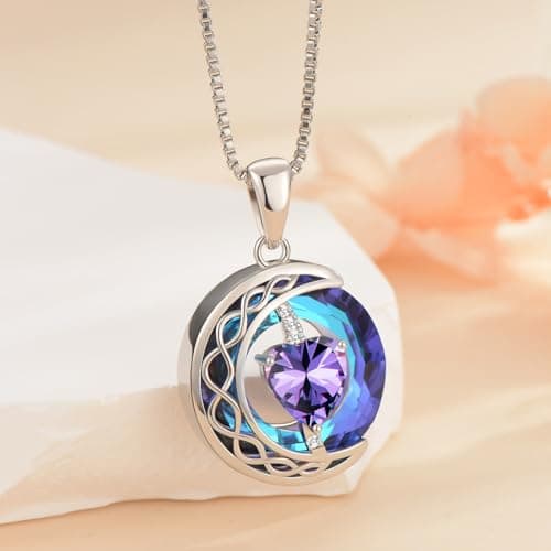 LIANYU Necklace for Womens Blue Sapphire Necklace Moon Pendant S925 Sterling Silver Crystal Jewelry for Women Pendant Birthday Gifts for Wife Gifts Valentine Anniversary