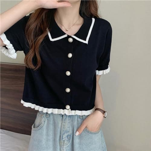 LREUIP Chic Korean Style Academy Style, Contrasting Navy Collar, Versatile Bubble Sleeve Shirt, Loose top, Elegant Goddess