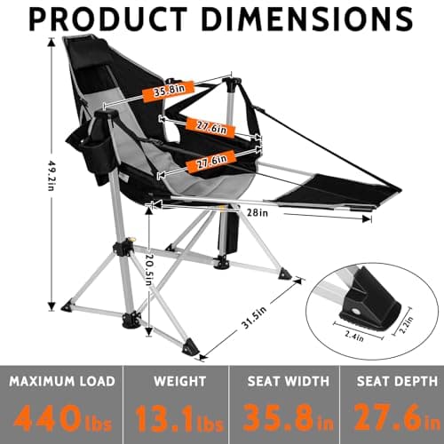 Romswi 2-Pack Aluminum Hammock Chair with Footrest, Oversized Portable Folding Swinging Chair with Adjustable Back & Seat, Lightweight Rocking Camp Chair Supports 440lbs for Outdoor, Patio - Black