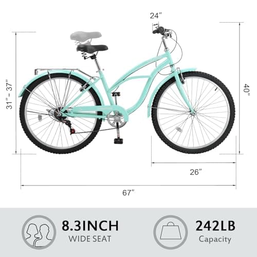 Women Bike, 26 Inch Beach Cruiser Bike, 7 Speed Commuter Bicycle with Ergonomic Upright Frame, Full Front & Rear Fenders (Green/Black/Red)
