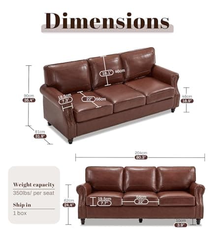 Kingfun Mid-Century Modern Couch, Faux Leather Sofa, 3 Seater Couch for Living Room with Rolled arms & Nailhead Trim, Dark Coffee