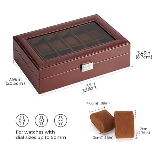 ProCase ProCase Watch Box Organizer, 12 Slot Watch Display Case With Glass Lid, Watch Storage Holder Mens Watch Case, Anniversary Birthday Valentine Gifts for Men Women -12 Slot, Brown