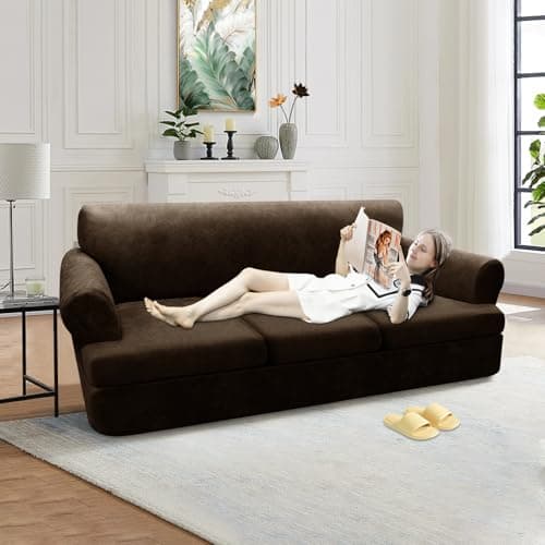 Pfrstuv 4-Piece T Couch Cover - Leather Look Slipcovers for 3 Cushion Sofa, Washable, Coffee