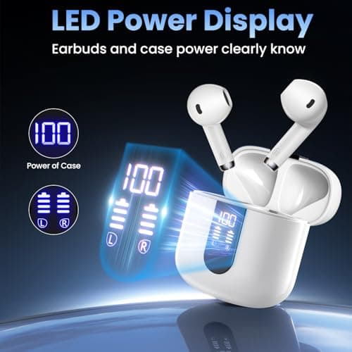 Haqquio Wireless Earbuds, Bluetooth Headphones with Deep Bass Stereo, 48H Playback Ear Buds with LED Power Display, Lightweight, IPX7, in-Ear Earphones with Mic for iPhone/Android/iPad, White