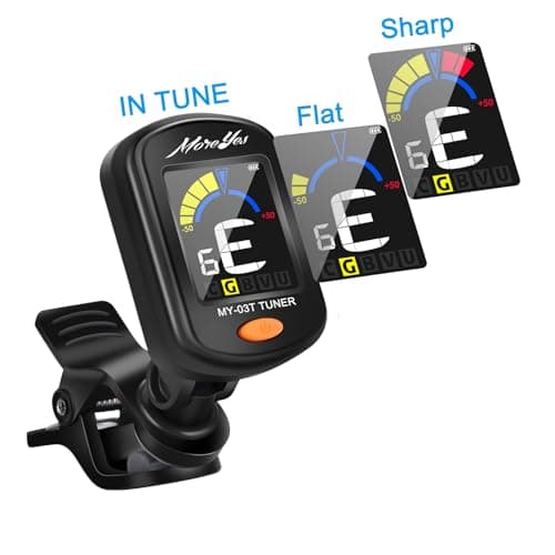MOREYES Rechargeable Guitar Tuner Clip On with 28Pcs Guitar Picks, Guitar Tuner for Acoustic Guitar, Electric Guitar, Bass, Ukulele & Chromatic Tuning Modes, Full Color Display