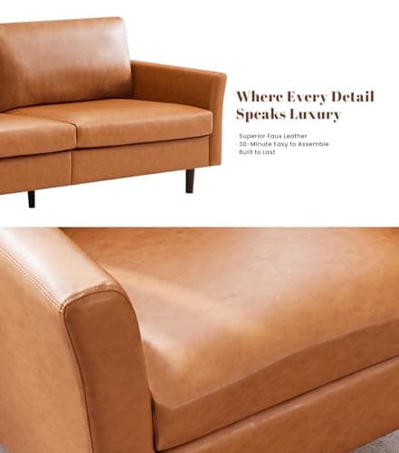 Kingfun Faux Leather 3 Seat Couch for Living Room, Mid Century Modern Sofa with Rolled Arms and Deep Seats, Fluffy Comfort for Apartment, Easy to Assemble, Chestnut