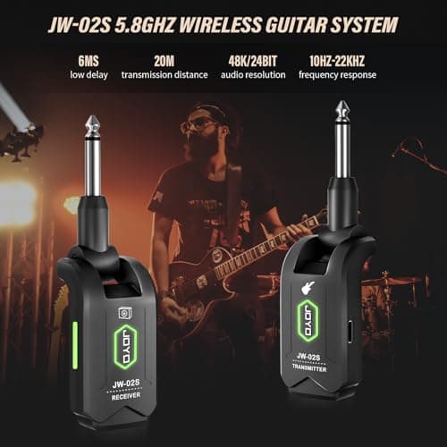 JOYO 5.8GHz Wireless Guitar System Wireless Guitar Transmitter Receiver Rechargeable Audio with 4 Signal Channels for Electric Guitar Bass 20M (JW-02S)