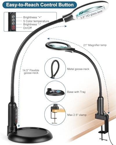 12X Magnifying Glass with Light and Stand, Real Glass, LED 5 Color Modes, Brightness Stepless Dimming Lighted Magnifier Hands Free with Flexible Gooseneck Desk Clamp Lamp for Close Work, Craft, Hobby B0DC3KH6XY
