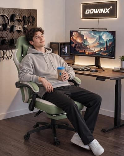 Dowinx Gaming Chair Breathable Fabric Game Chair with Gel Pad and Storage Bag, Comfortable Gamer Chair with Pocket Spring Cushion, Ergonomic Computer Chair with Footrest, Green