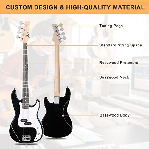 GLARRY Full Size Electric Bass Guitar Beginner Kit 4 String Exquisite Basswood Bass with 20W AMP, Cable, Strap, Bag and Accessories (Black, 39"Right Handed)