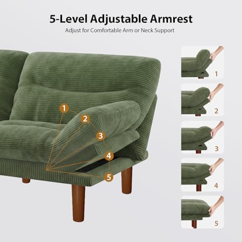 Pipishell 75" Futon Sofa Bed, Convertible Corduroy Space-Saver Couch with Adjustable Back & Armrests, Recliner Sleeper for Small Apartments, Office, Guest Room (Green) | Space-saver