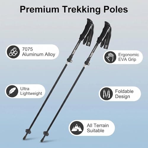 Folding Hiking Poles, Lightweight 7075 Aluminum Alloy Mountain Tech Trekking Poles for Men, Collapsible Walking Sticks for Travel, EVA Foam Grip, Set of 2 - Black