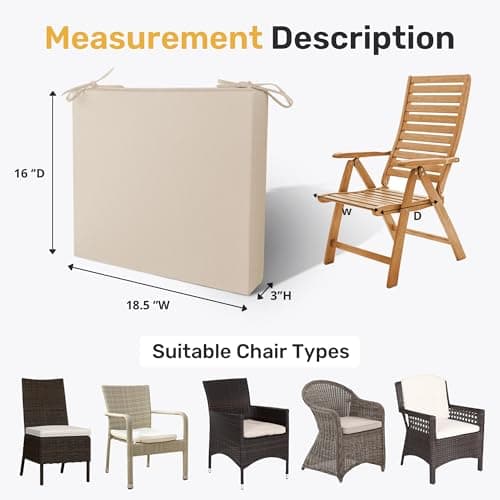 UNIKOME Outdoor Chair Cushions Pack of 4, Water Resistant Patio Cushions with Ties, High Density Sponge Filling Square Corner Seat Cushions for Outdoor Furniture, 18.5"*16"*3", Beige