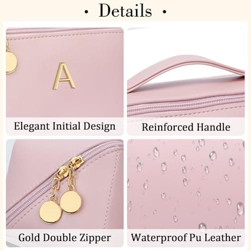 Waterproof PU Leather, Open Flat Design Cosmetic Bag, Multiple Compartments Travel Toiletry Bag (Pink, A) Initial Makeup Bag Personalized Gift for Women Teen Girls B0F26C313Y
