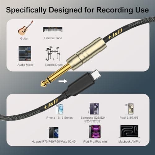 J&D USB C to 6.35 mm 1/4 inch TS Guitar Audio Cable, Audio Recording, Bass, Electronic Piano Microphone Cord Compatible with iPhone 16/17 Series, Galaxy S24/S25, 10 Feet