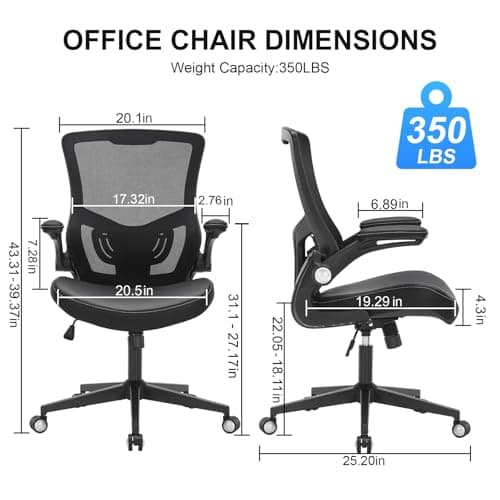 Office Chair, Ergonomic Desk Chair with Adjustable Lumbar Support, Breathable Mesh Computer Chair with Flip-up Armrests, 350lbs Comfy Swivel Task Chairs for Home Office, Black