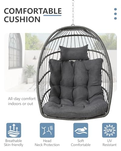 SWITTE Egg Chair Outdoor with Stand, Indoor Wicker Hanging Egg Swing Chair with Cushion, 350lbs Capacity for Patio, Bedroom, Garden - Dark Grey