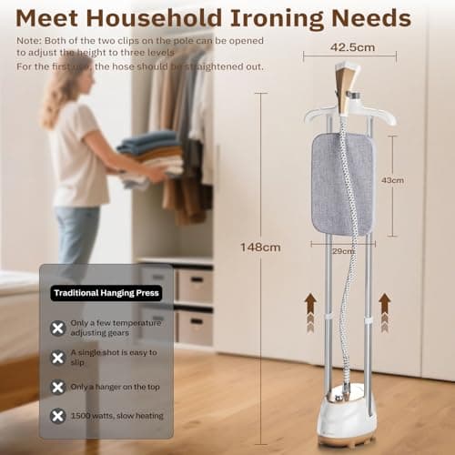 HAPAIS Steamer for Clothes,1800W Standing Garment Steamer 30s Heat-up with Adjustable Stable Double Rod,2-in-1 Flat & Hanging Ironing,Clothes Steamer with 10 Fabric Steam Modes