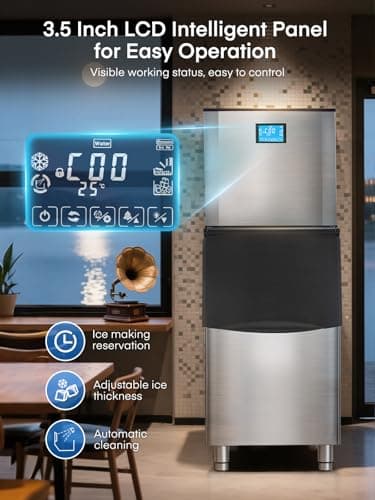 Commercial Ice Maker Machine 500LBS/24H, 350LBS Stainless Steel Storage Bin, 182 Ice Cubes in 10-15min, Self-Cleaning, Air Cooled Ice Machine with LCD Touchscreen for Bar Business Cafe (500 lbs)