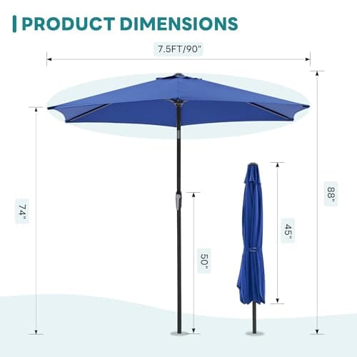 OLIXIS 7.5ft Patio Umbrella with Tilt and Crank Button & 8 Sturdy Ribs Waterproof, Patio Table Umbrella Perfect for Poolside, Terrace, Beach and Outdoor Restaurant, Blue