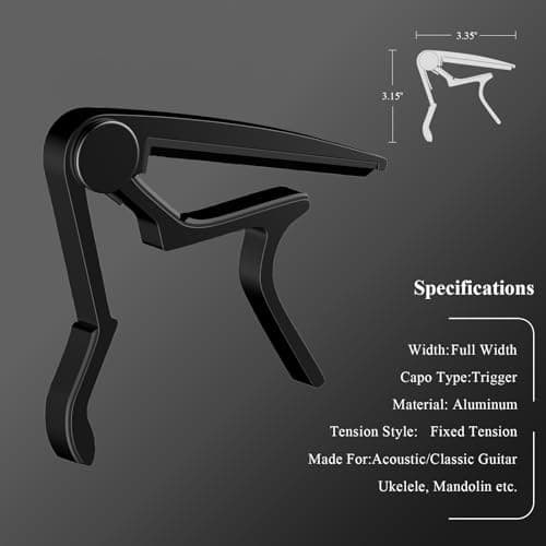 Guitar Capo, Capo for Acoustic Guitar 6 String and 12 String, Guitar Capo with Pick Holder and 5 Picks, Metal Capo for Ukulele, Mandolin, Banjo, and other String Instruments (Black)