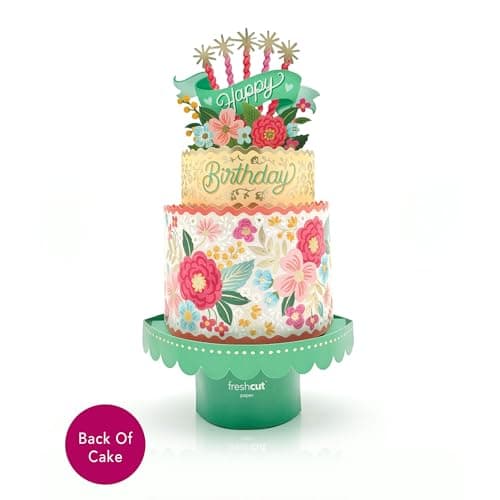 Freshcut Paper Pop Up Birthday Card for Women, Blooming Birthday Cake, 12 Inch Life Sized Tiered Cake, 3D Popup Greeting Cards with Blank Notecard & Envelope
