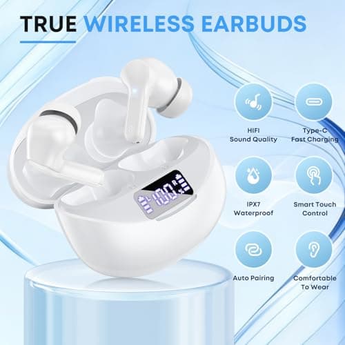 Fhumsh Wireless Earbuds, Bluetooth 5.4 HiFi Stereo Headphones with Noise Cancelling Mic, 50H Playback in Ear Buds with LED Digital Display, IPX7 Waterproof Earphones for Office/Running/Workout White