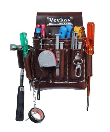 VEEKAY Electrician's Leather Tool Pouch – 10 Pocket Full Grain Leather Organizer for Electricians, Carpenters & Construction Workers – Durable, Heavy-Duty Utility Pouch (Brown/Black)