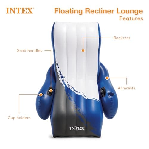 Intex Inflatable Lounge Pool Recliner Lounger Chair with Cup Holders - Heavy-Duty Float Raft for Adults, 220 Lb Capacity Large Floating Tanning Chair